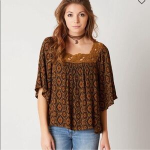 Boho Bell Sleeve Crochet Lace Square Neck split back Top small